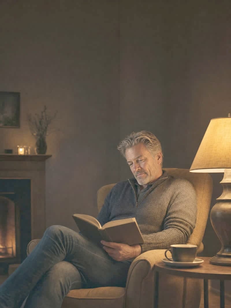 A man reading by lamplight in the evening