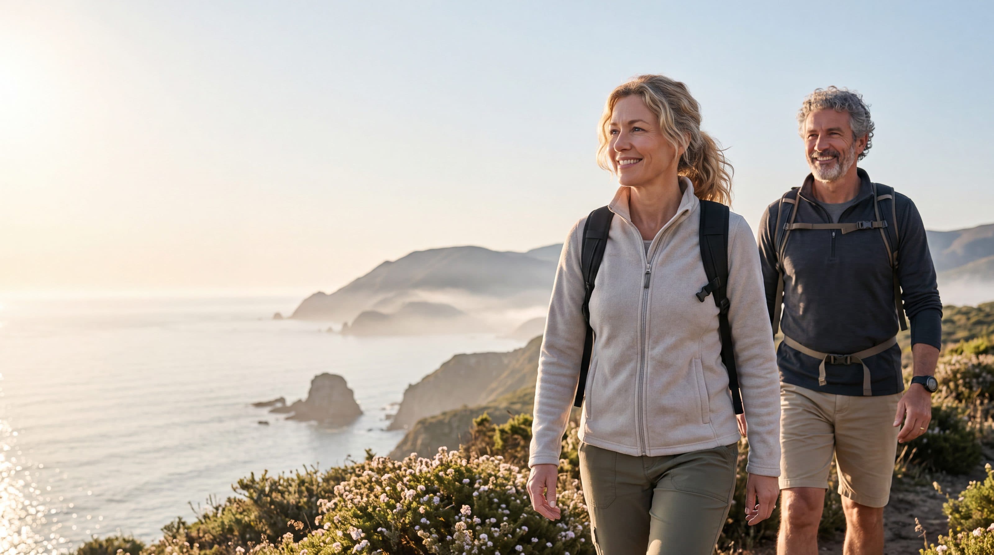 A couple in their fifties hiking a coastal trail at sunrise